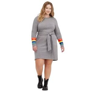 Torrid Cozy Fleece Rainbow Sleeve Cuff Gray Long Sleeve Shift Belted Dress